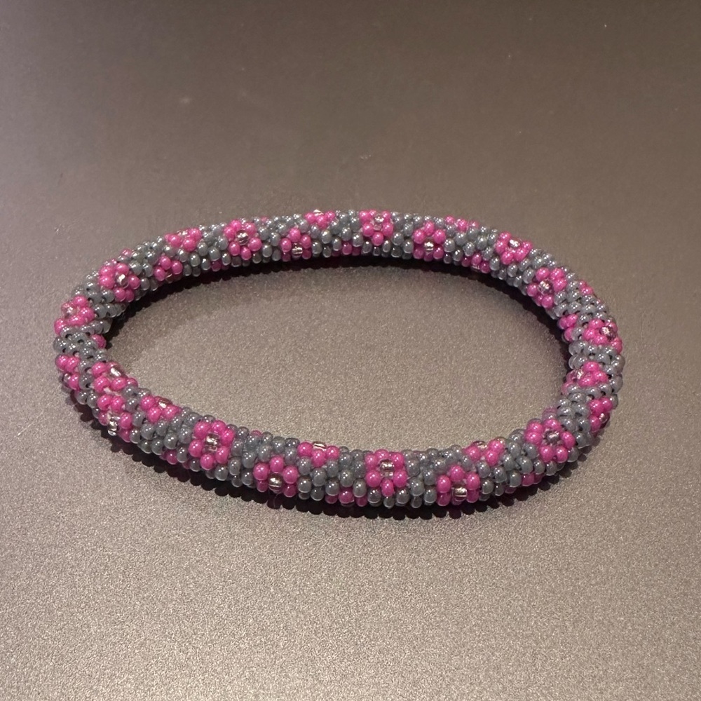 Lily and Laura Pink Flowers and Gray Beaded Bracelet